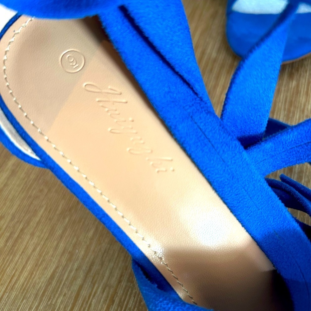 Bold Blue Lace-Up Block Heel Sandals Women’s 9 – Suede Strappy Party Shoes NEW - Picture 11 of 15